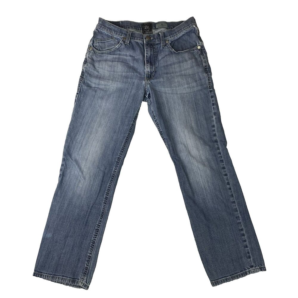 Rock & Republic Jeans Mens 34x32 (30) Straight Leg Blue Distressed Denim Stretch